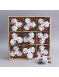 PLASTIC CANDLE HOLDER 8cm WHITE WITH PINE CONES