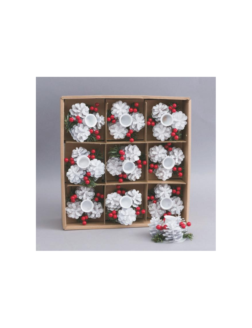 PLASTIC CANDLE HOLDER 8cm WHITE WITH PINE CONES