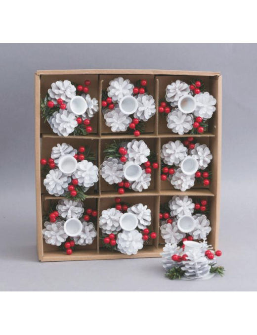 PLASTIC CANDLE HOLDER 8cm WHITE WITH PINE CONES