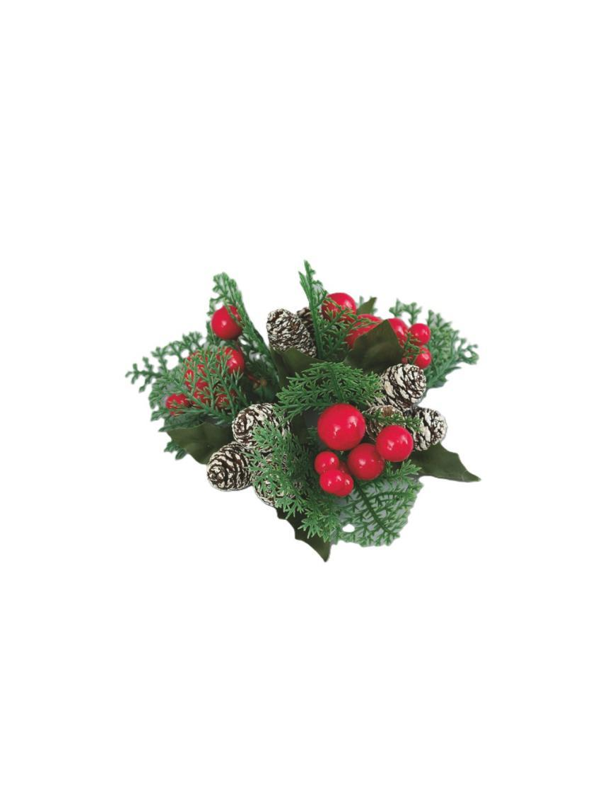 GIROCANDELA 13cm CON PIGNE E BACCHE ROSSE