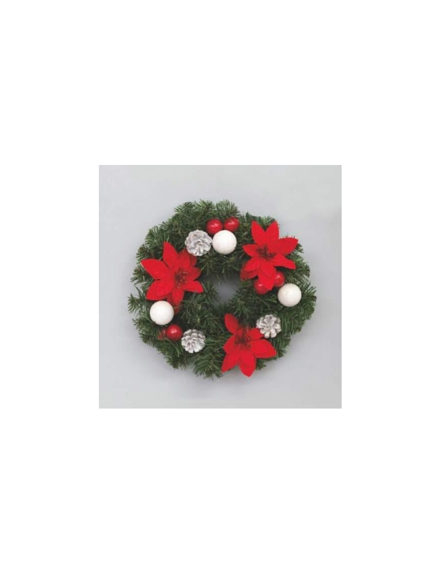CORONA DECORATA CON FIORI, BACCHE E PIGNE 30cm