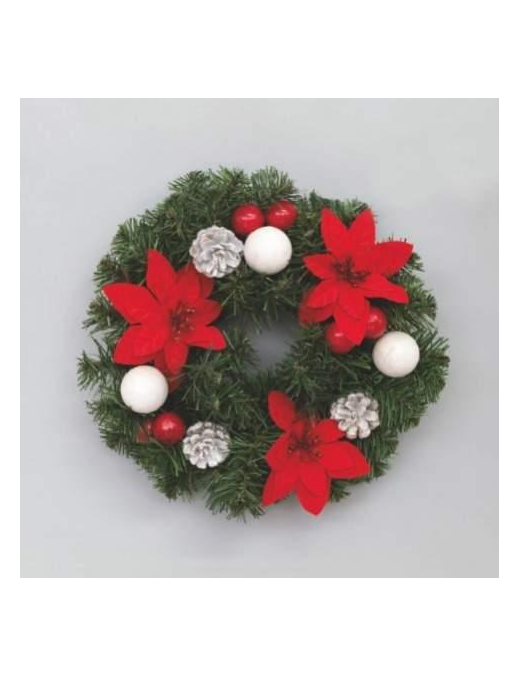 CORONA DECORATA CON FIORI, BACCHE E PIGNE 30cm