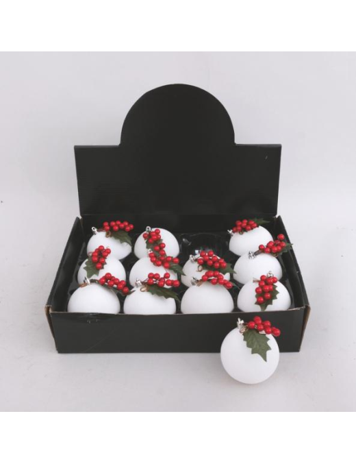 WHITE VELVET BALL WITH BERRIES 80mm