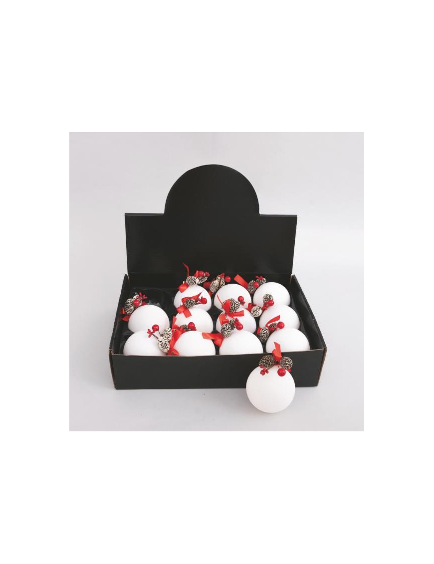 WHITE VELVET SPHERE WITH PINE CONES 80mm