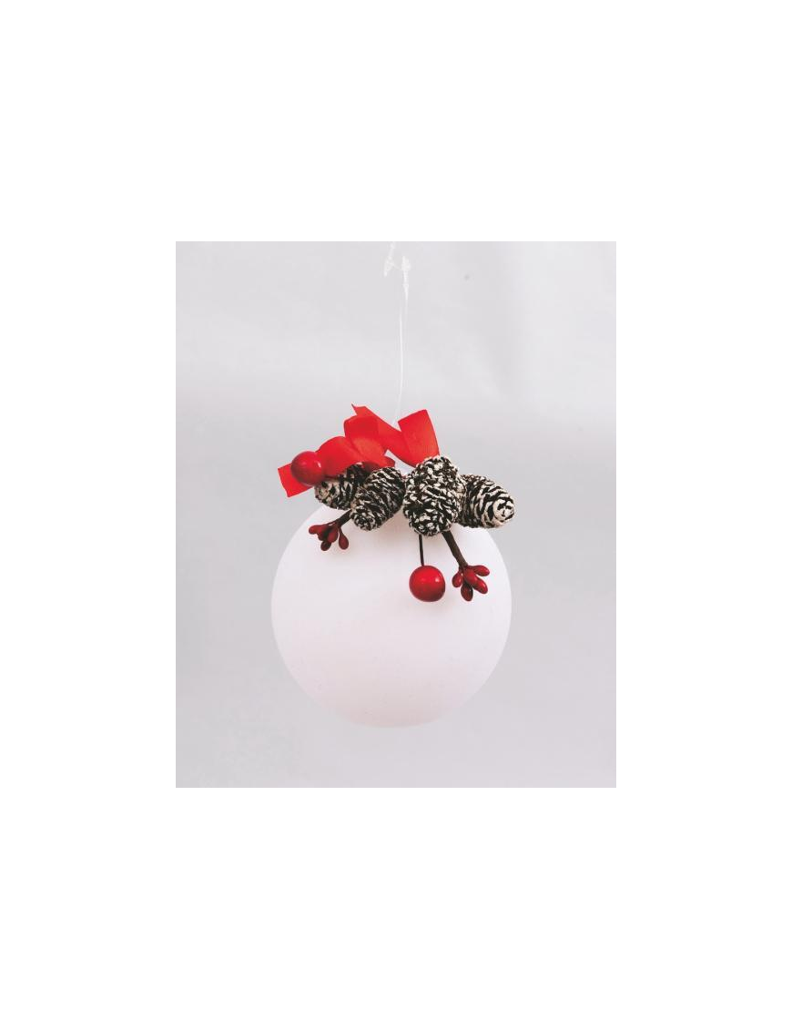 WHITE VELVET SPHERE WITH PINE CONES 100mm