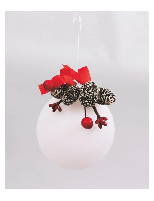 WHITE VELVET SPHERE WITH PINE CONES 100mm