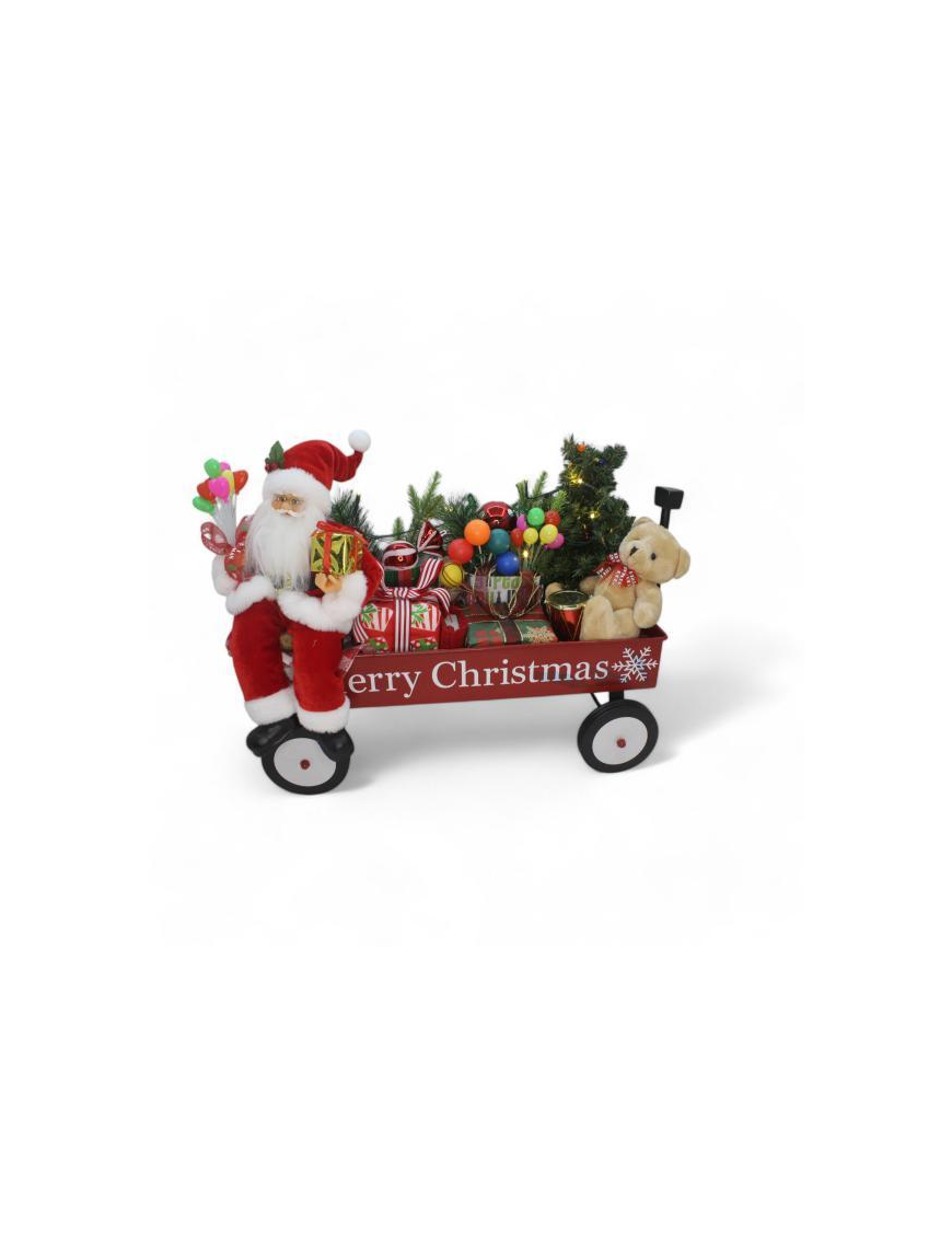 BABBO NATALE SU CARRETTO CON LUCE+MUSICA 50x40cm