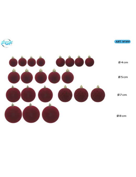 DARK RED VELVET LINE SPHERES 22pcs ASSORTED SIZES