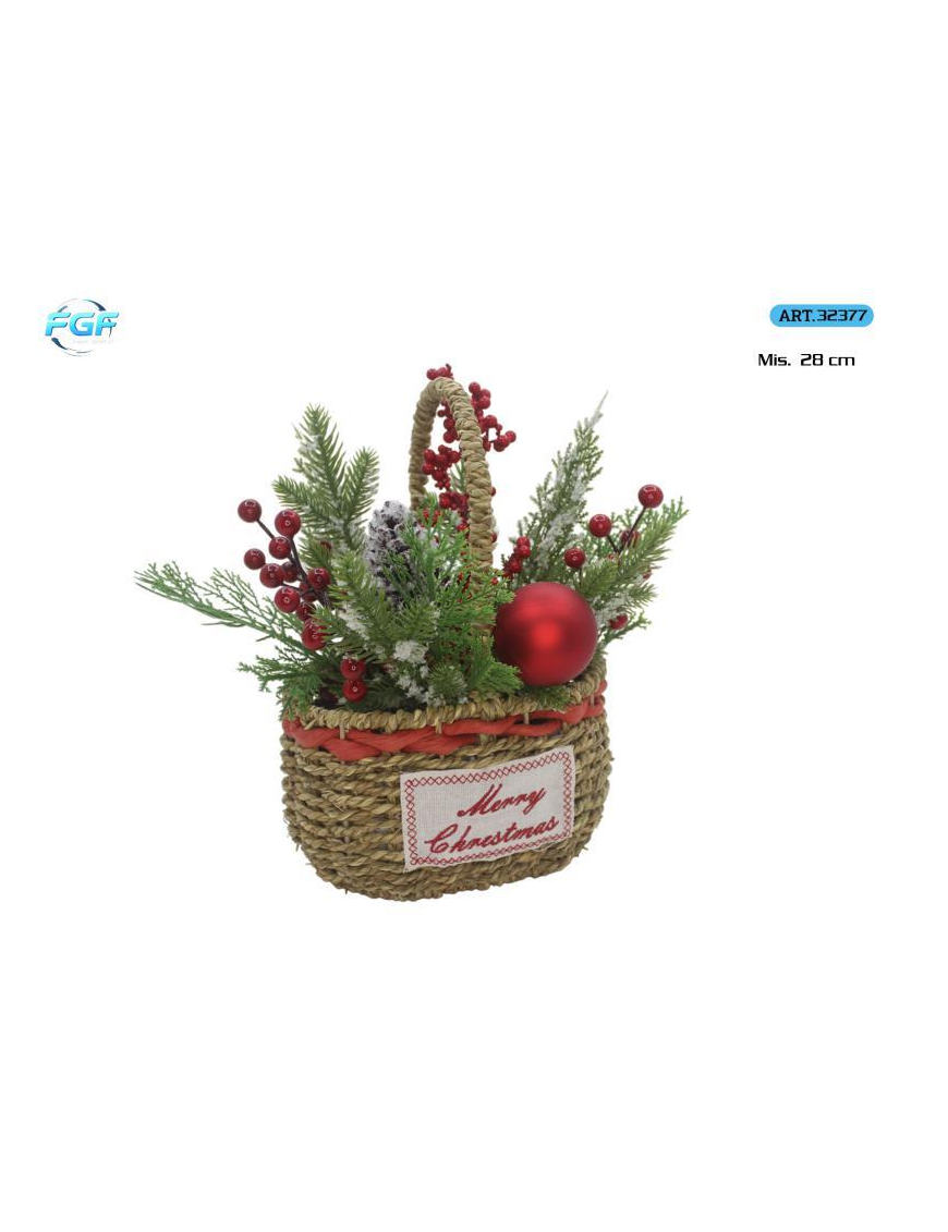 CESTINO RATTAN C/FIORI E ADDOBBI 28cm