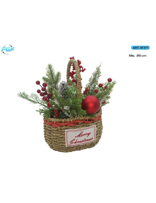 CESTINO RATTAN C/FIORI E ADDOBBI 28cm