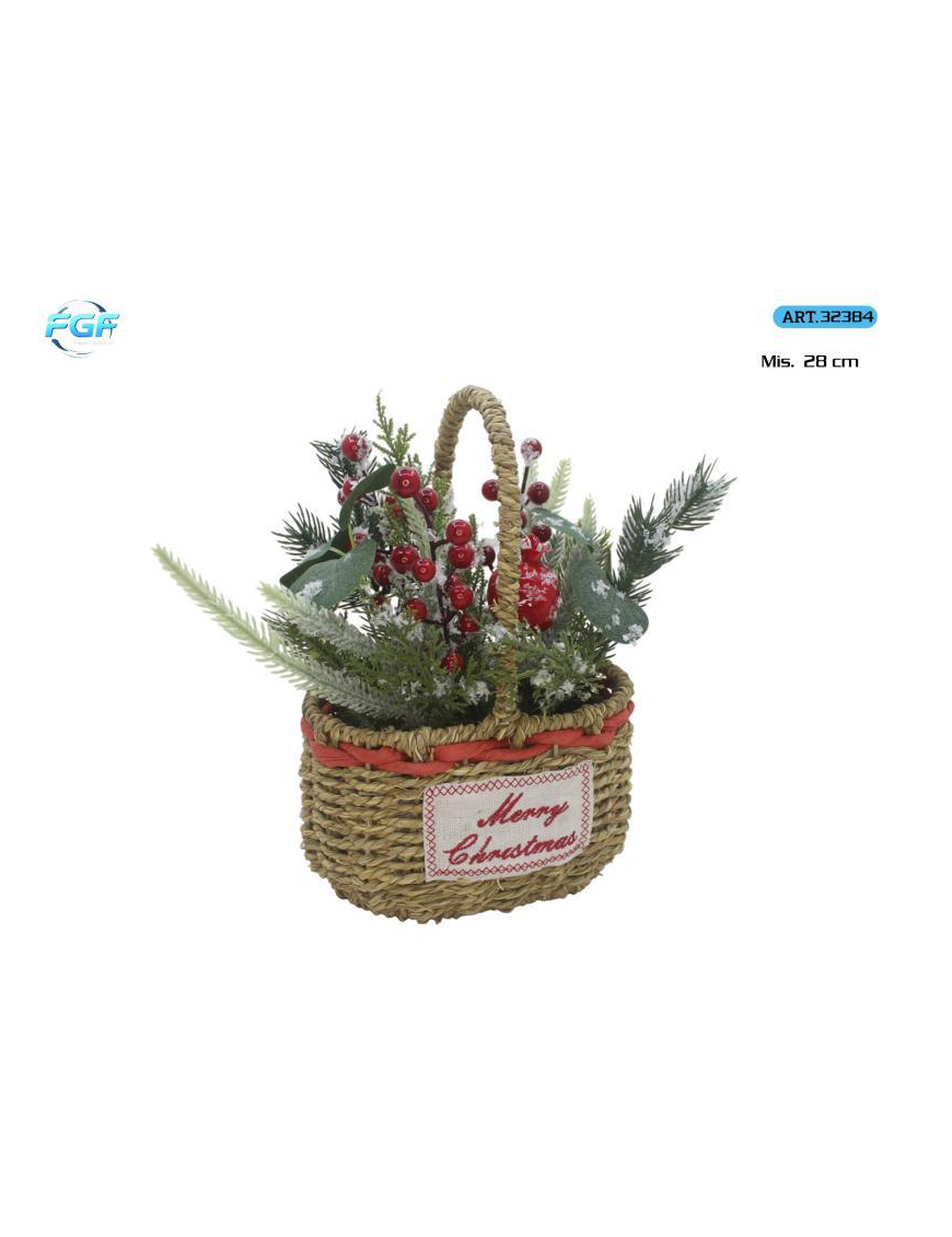 CESTINO RATTAN C/FIORI E ADDOBBI 28cm
