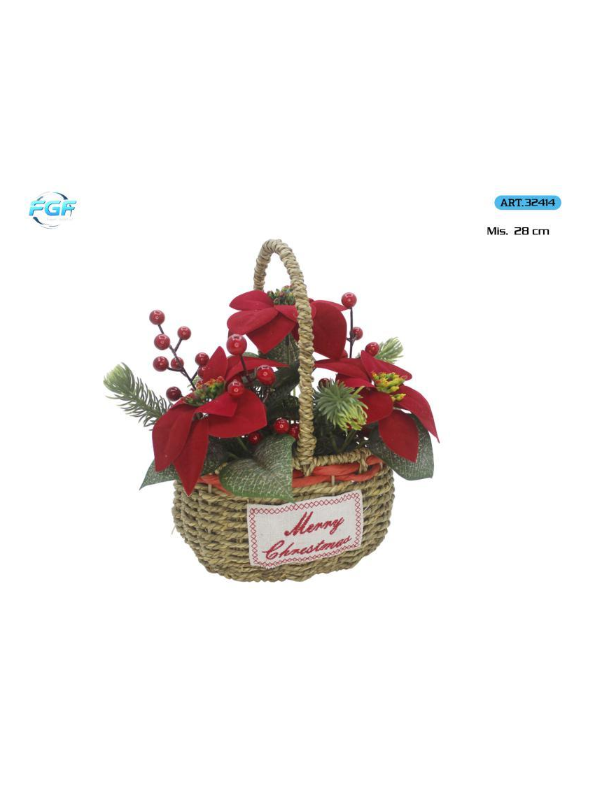 CESTINO RATTAN C/FIORI E ADDOBBI 28cm