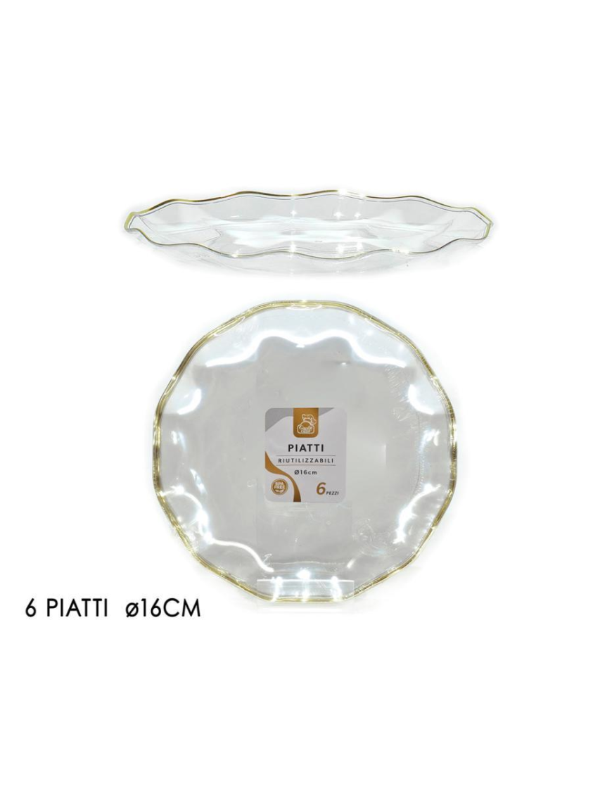 LINEA RIUTILIZZABILE  PIATTI TRASPARENTI/ORO d.16cm 6pezzi