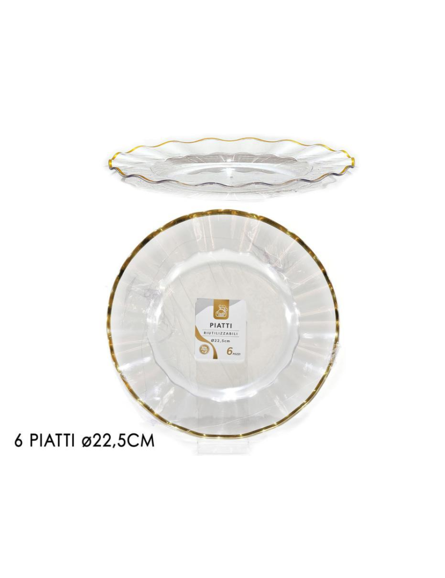 LINEA RIUTILIZZABILE PIATTI TRASPARENTI/ORO d.22,4cm 6pezzi