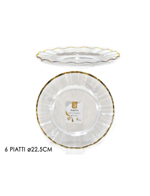 REUSABLE LINE TRANSPARENT/GOLD PLATES d.22.4cm 6 pieces