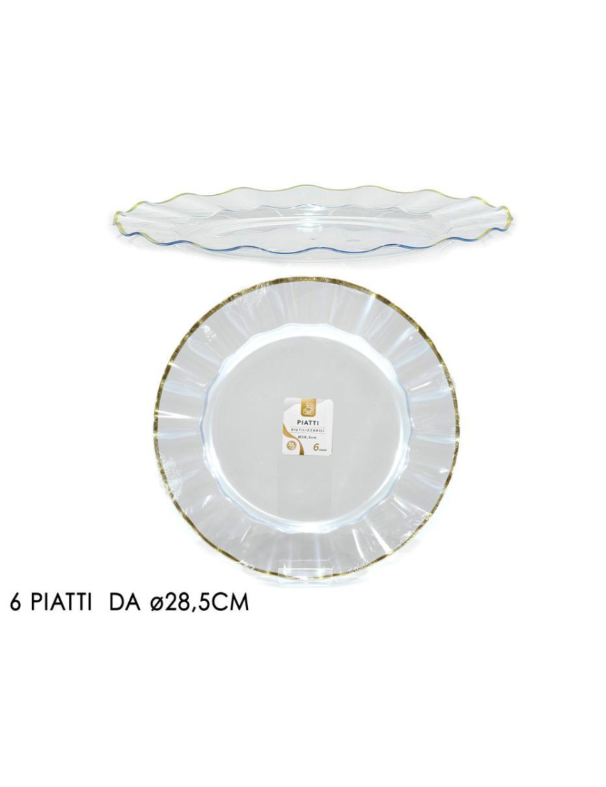 LINEA RIUTILIZZABILE  PIATTI TRASPARENTI/ORO  d.28,5cm 6pezzi