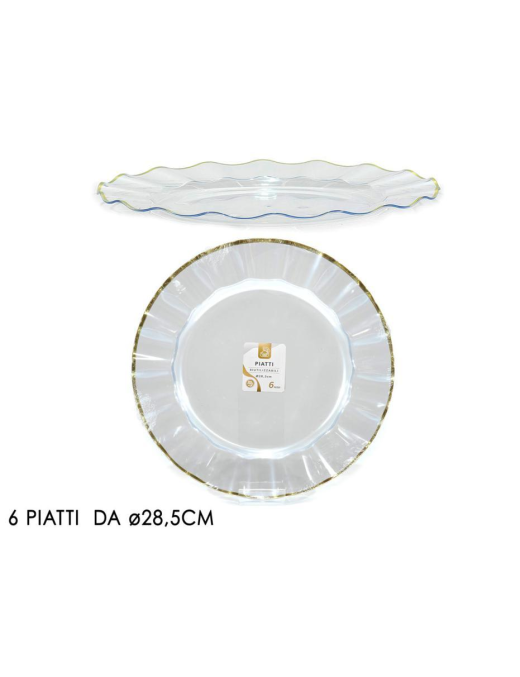 LINEA RIUTILIZZABILE  PIATTI TRASPARENTI/ORO  d.28,5cm 6pezzi