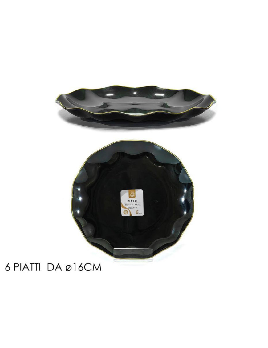 REUSABLE LINE BLACK/GOLD PLATES d.16cm 6 pieces