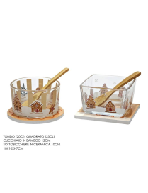 GLASS BOWL WITH SPOON AND ROUND OR SQUARE COASTER