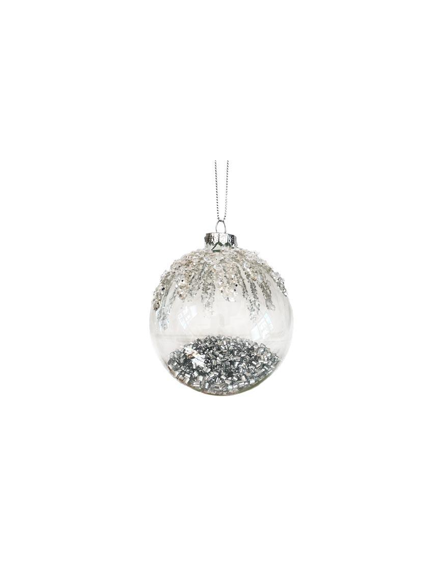 SFERA ARGENTO IN VETRO CON STRASS E GLITTER 10cm