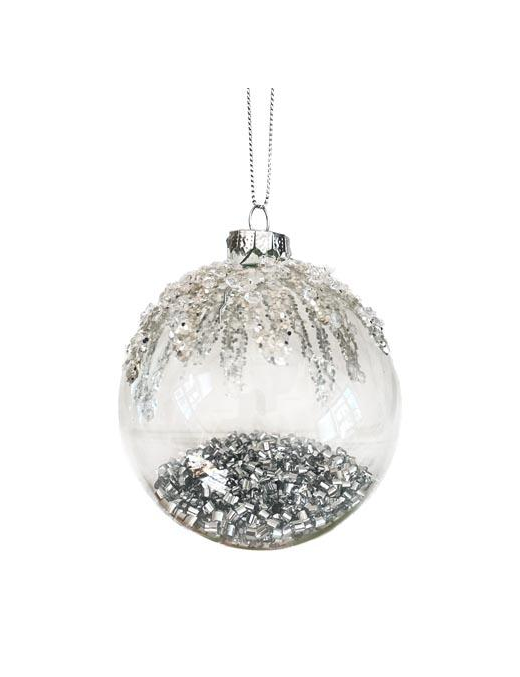 SILVER GLASS BALL WITH RHINESTONE AND GLITTER 10cm
