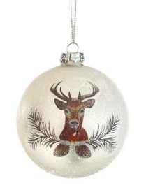 WHITE GLASS BALL WITH DEER 10cm