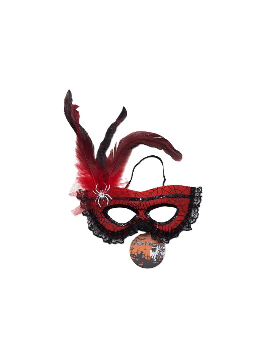 MASCHERA PIZZO CON PIUMA ROSSA/NERA