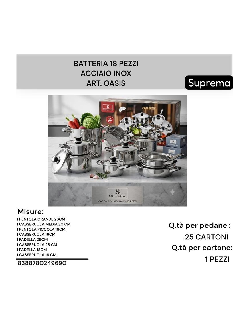 BATTERIA PENTOLE 18pz ACCIAIO OASIS