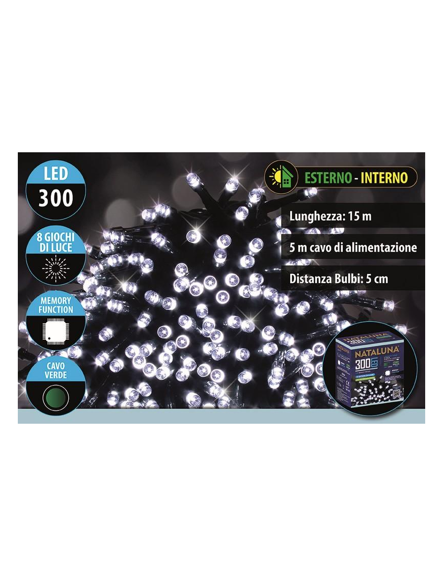 BIANCO CAVO VERDE 300LED UTILIZZO ESTERNO 15 METRI+5 METRI
