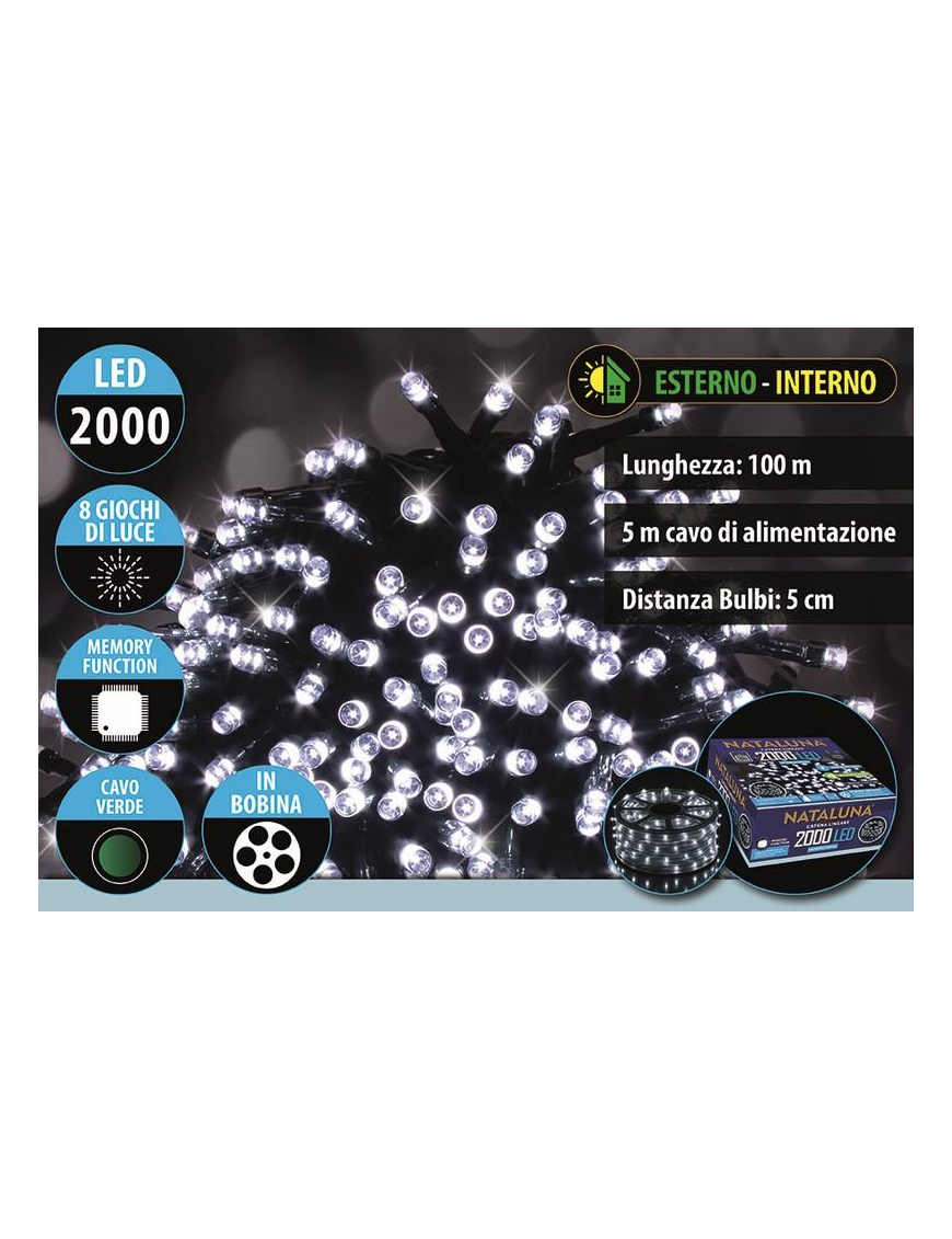 BIANCO CAVO VERDE 2000 LED UTILIZZO ESTERNO 100 METRI+5 METRI