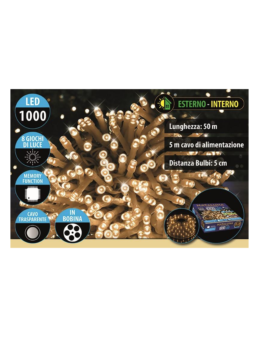 CLASSIC CAVO TRASPARENTE 1000 LED UTILIZZO ESTERNO 50 METRI+5 METRI