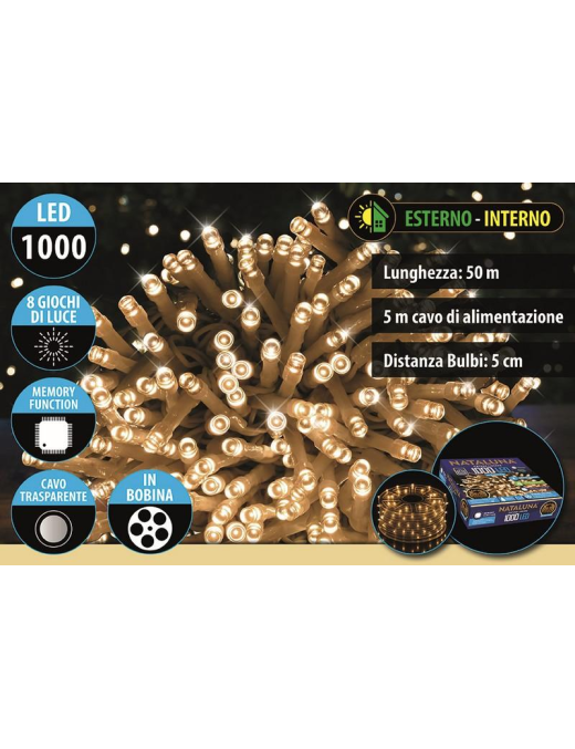 CLASSIC CAVO TRASPARENTE 1000 LED UTILIZZO ESTERNO 50 METRI+5 METRI
