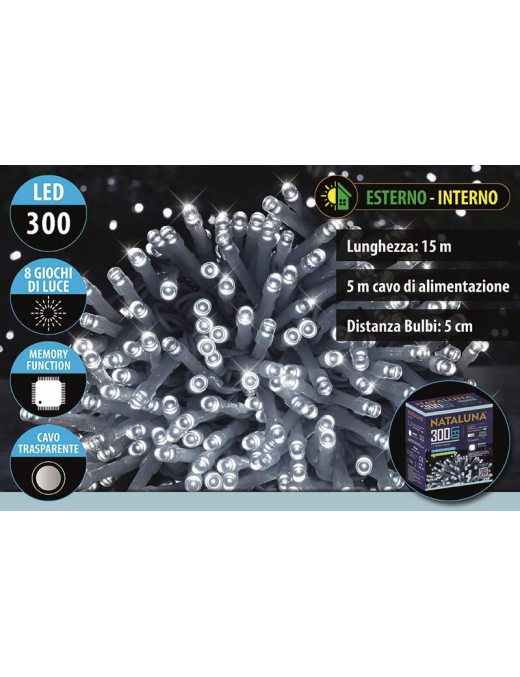 WHITE TRANSPARENT CABLE 300 LED 15mt+5mt