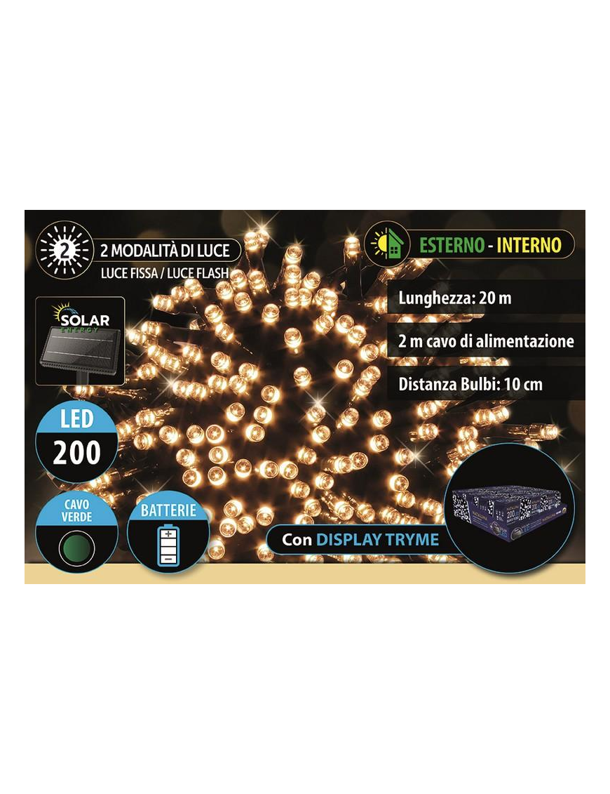 200 LED SOLAR LINEAR CHAIN ??WITH TRYME DISPLAY, 20m GREEN CABLE, WARM LIGHT