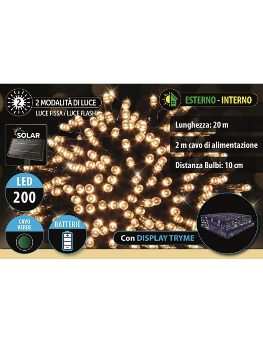 200 LED SOLAR LINEAR CHAIN ??WITH TRYME DISPLAY, 20m GREEN CABLE, WARM LIGHT