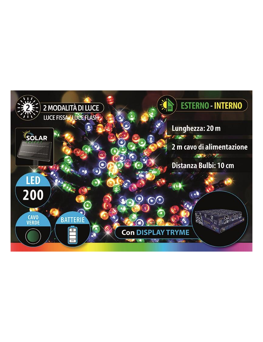 200 LED SOLAR LINEAR CHAIN ??WITH TRYME DISPLAY GREEN CABLE 20m MULTICOLOR