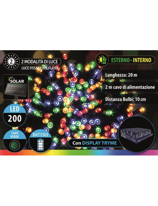 CATENA LINEARE 200 LED SOLAR CON DISPLAY TRYME CAVO VERDE 20mt MULTICOLOR