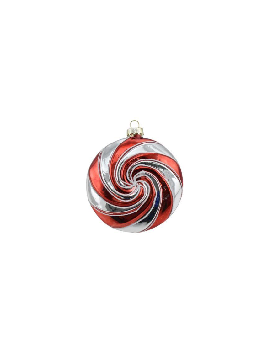 SFERA IN VETRO A SPIRALE 10cm ARGENTO/ROSSO