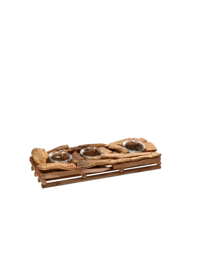 PORTA TEALIGHT LEGNO+FERRO 3 CANDELA 34x12x11cm