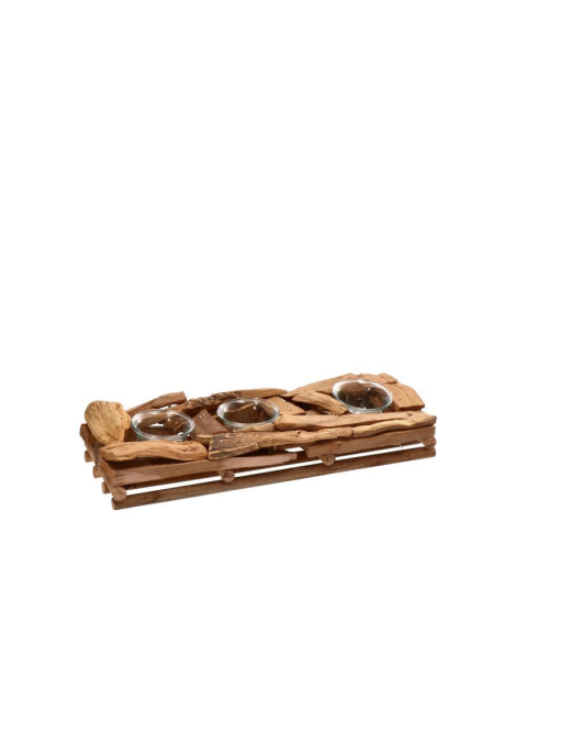 WOOD+IRON TEALIGHT HOLDER 3 CANDLE 34x12x11cm